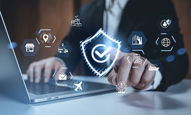 istock Businessman interacting with cybersecurity hologram interface for data protection and logistics management concept on modern technology background. 2254731816