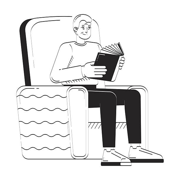 Senior man reading comfortably in armchair doodle linear character