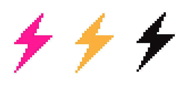 istock Lightning icon set. Pixel art thunder shape sign, symbol. Pink / yellow / black icons. Decorative flat element for design, sticker, clipart, etc. Vector illustration. Isolated on a white background. 2254740745