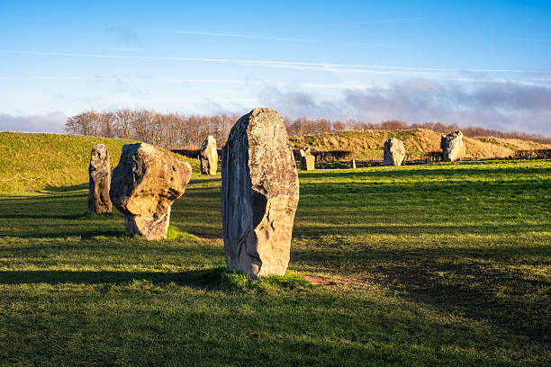Stone circle of Avebury in England, grassy field under a clear blue sky.