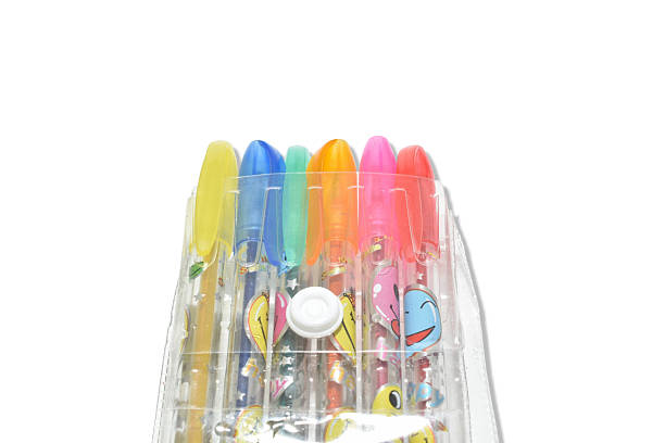 A pack of multi-colored fountain pens for schoolchildren isolated on white background.
