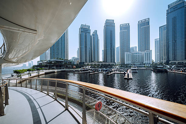 A sunny view along a curved waterfront promenade in Dubai, showcasing a cluster of tall, modern skyscrapers across a tranquil marina. Clean lines, blue skies, and reflective water dominate the scene.