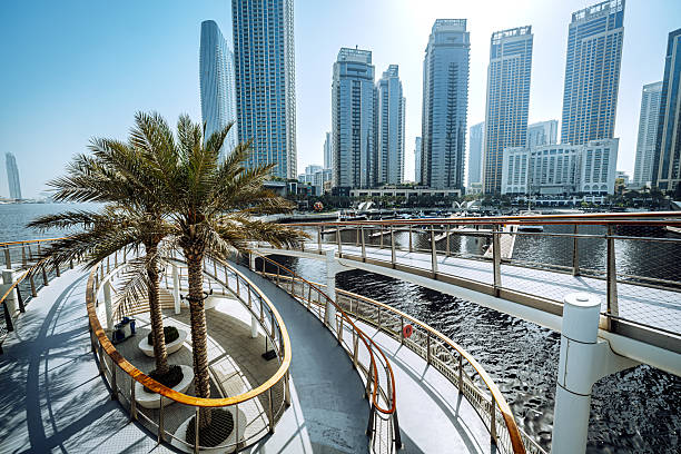 istock Dubai Waterfront Promenade With Skyscrapers And Palm Trees 2254748861
