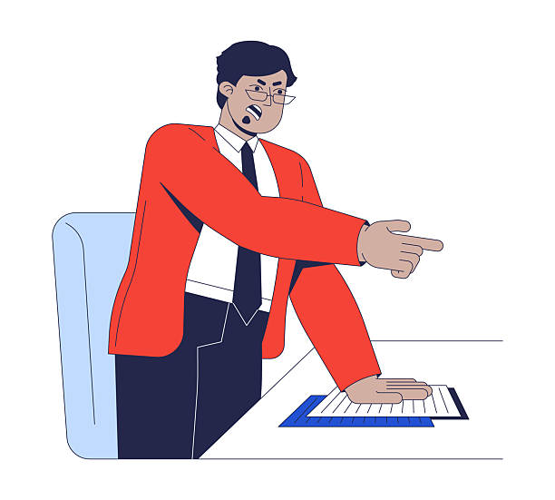 Angry CEO yelling and accusing at desk 2D cartoon character