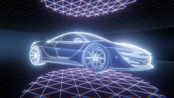 istock Futuristic sports car rendered in a digital wireframe with glowing neon lines. 3D render 2254751113