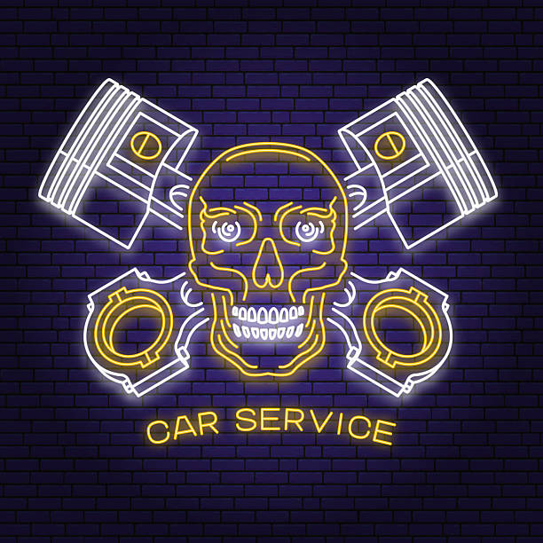 Auto service logo, emblem, badge in neon style. Vector. For expert service car repair center, restoration and car club with skull, automobile tools pistons. Auto repair emblem sign, night bright advertising car service