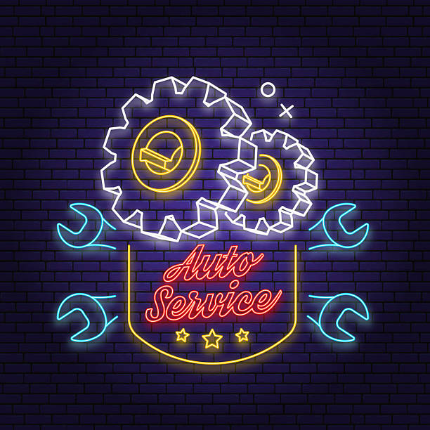 Auto service logo, emblem, badge in neon style. Vector. Service car repair, restoration and car club design. Auto repair emblem sign, night bright advertising car service