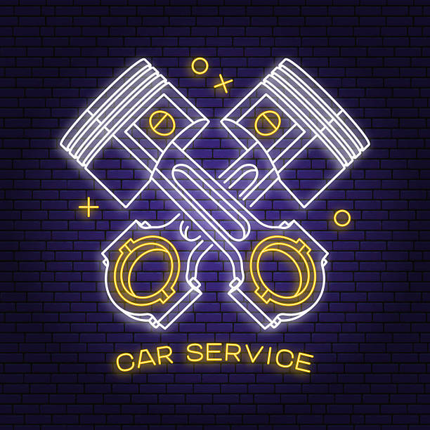 Auto service logo, emblem, badge in neon style. Vector. Service car repair, restoration with automobile tools pistons. Auto repair emblem sign, night bright advertising car service