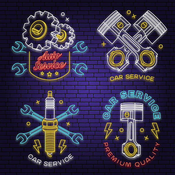 Set of auto service logos, emblems, badges in neon style. Vector. Service car repair, restoration and car club design. Auto repair emblem sign, night bright advertising car service