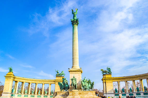 Millennium Monument Heroes square Budapest city Hungary. Heroes Square is one of the most impressive squares in the Hungarian capital city. Budapest. In the center of the square stands a memorial statues of the leaders of the seven tribes that founded Hungary in the 9th century and other outstanding figures of Hungarian history - kings and statesmen.