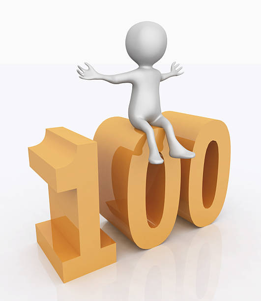 Computer generated 3D illustration with 3D figure sitting on the number 100