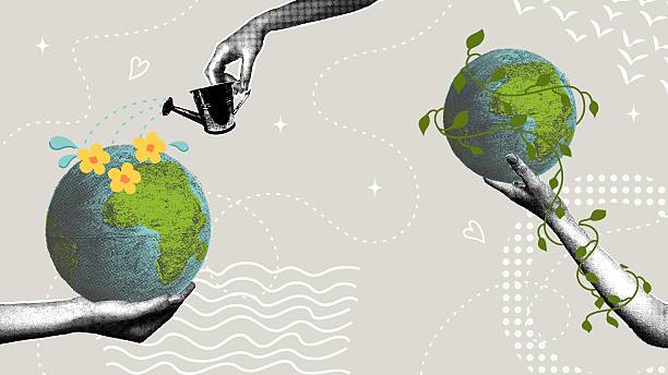 Global environmental awareness. A trendy halftone collage. The concept is to develop a sustainable future and protect natural resources. Vector illustration