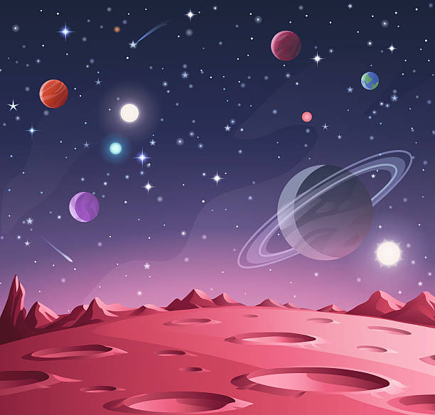 Red Planet With Craters- Background Surface of a red alien planet, asteroid or moon saturated with craters. In the background is a dark blue sky full of stars and planets. Vector illustration with space for text. empty stock illustrations