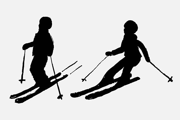 Hand drawn silhouette of two skiers in motion. Alpine winter sport. Vector sketch illustration in vintage crayon charcoal style. Skiing, snow slope