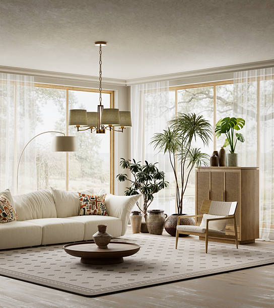 istock Minimal natural living room interior with floor to ceiling windows, soft daylight, indoor plants and neutral furniture creating a serene modern home environment. 3D illustration 2254764637