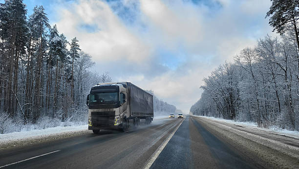 istock Winter road along the forest cloudy sunny day 2254768261
