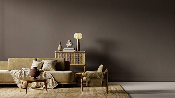 istock Minimal dark moody living room with broad empty wall and subtle warm illumination designed for negative space composition and visual balance. 3D illustration 2254769167