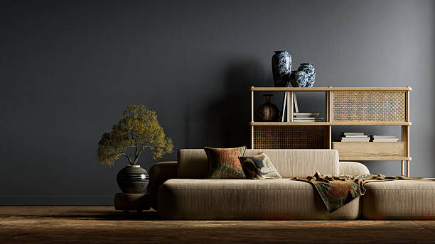 Elegant japandi dark moody interior featuring generous negative space, warm natural materials, and modern luxury design for a calm and visually striking composition. 3D illustration