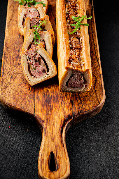 pate en crout in pastry natural baking healthy food main course ingredient appetizer fresh tasty table setting gourmet food background on the table rustic food top view copy space