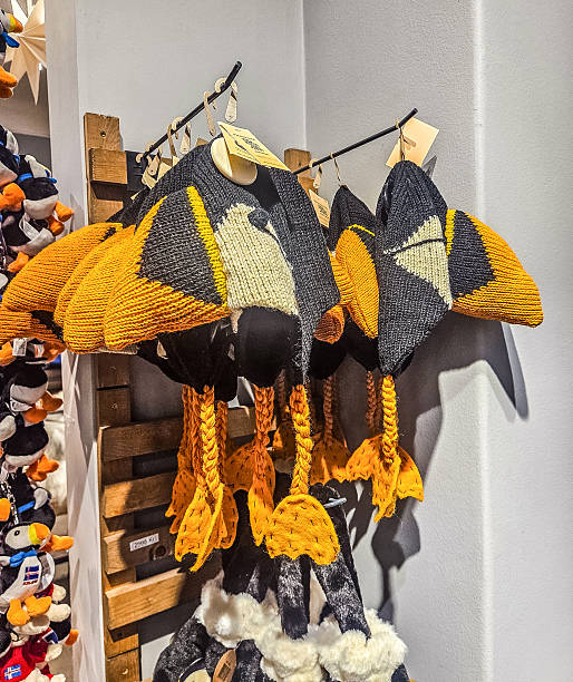 A collection of whimsical knitted puffin hats, popular Icelandic souvenirs, hanging for sale on a display rack in a gift shop.. High quality photo