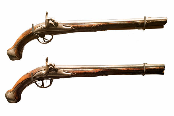 Pistol gun dueling weapon old-fashioned historical, close view. 3D rendering
