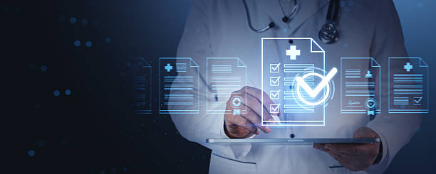 istock Digital healthcare checklist interface with doctor using tablet technology in futuristic medical concept on dark blue background with glowing icons. 2254778132