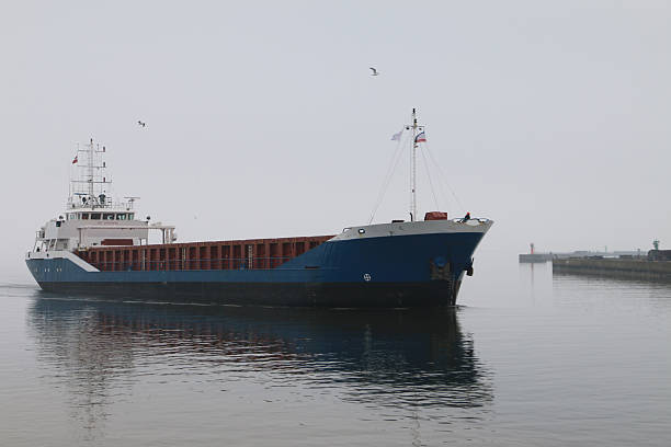 Cargo ship with open hold sails near harbor under calm skies. Seagulls fly overhead; breakwaters and lighthouses visible in the background. Peaceful maritime scene.