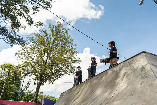 young people and children practicing skating in a skate park