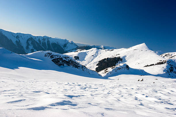 A wide-angle landscape shot of a massive, snow-blanketed mountain range beneath a brilliant, deep blue sky. The foreground highlights the unique wind-blown textures and ripples in the snow, leading the viewer's eye toward several sharp, sunlit peaks. The image evokes a sense of cold, quiet majesty and the vastness of the alpine wilderness, perfect for travel, adventure, and nature-themed projects.