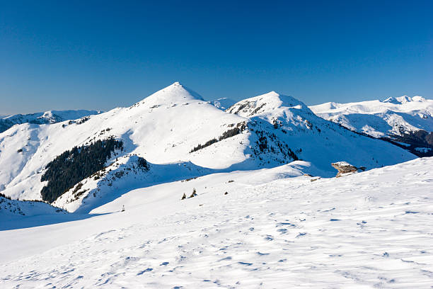 A wide-angle landscape shot of a massive, snow-blanketed mountain range beneath a brilliant, deep blue sky. The foreground highlights the unique wind-blown textures and ripples in the snow, leading the viewer's eye toward several sharp, sunlit peaks. The image evokes a sense of cold, quiet majesty and the vastness of the alpine wilderness, perfect for travel, adventure, and nature-themed projects.