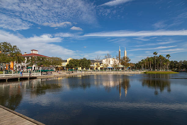 A wide scenic view of Celebration, Florida, showing the town center reflected in the calm waters of a central lake. Elegant buildings, palm trees, and distinctive architecture line the shoreline beneath a bright blue sky filled with wispy clouds.