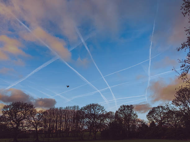 A criss-cross pattern of vapour trails left by planes