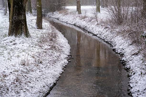 Winding stream flowing through a winter landscape with snow covering the banks and falling