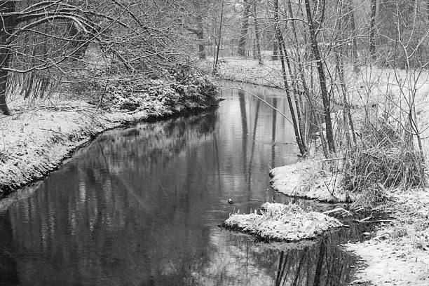 Scenic winter landscape with a river reflecting bare trees and snow-covered banks