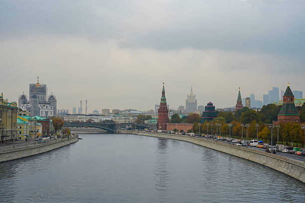 Moscow, Russia - January 05, 2025: Red Square view from Raushskaya Embankment of Moskva River