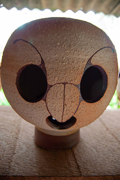 Close-up, high-temperature ceramic head, with hollow eyes and mouth, background, sunlight