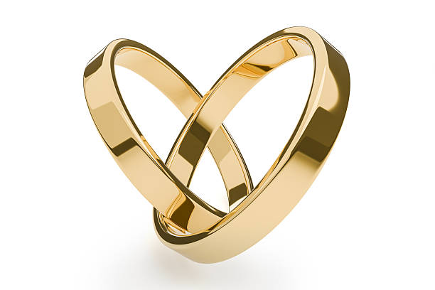 Two intertwined gold rings forming a heart shape, symbolizing love, commitment, unity, and marriage. Minimal and elegant concept isolated on white background, suitable for wedding, engagement, romance, relationship, and luxury themes.