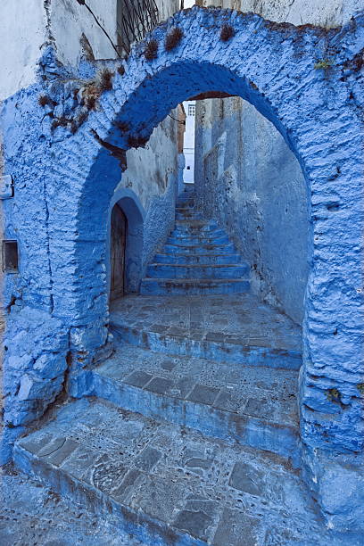 Round brick archway giving way to a narrow, stepped, sloping alley in the medina linking streets at two different levels, painted in shades of blue as is customary in the town. Chefchaouen-Morocco.