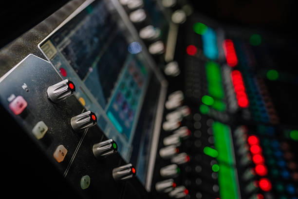 istock Audio mixing console with illuminated buttons and knobs, showcasing vibrant colors and intricate details, representing the art of sound engineering and music production 2254801542