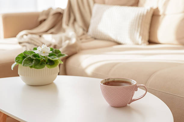 istock Cozy living room with tea on a beige couch. Soft focus 2254802540
