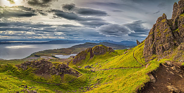 Dramatic sky over The Quiraing mountains on Isle of Skye in Scot