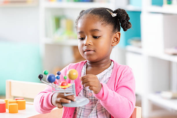 istock Young Black girl in a classroom explores a solar system model, learning about space. 2254803348