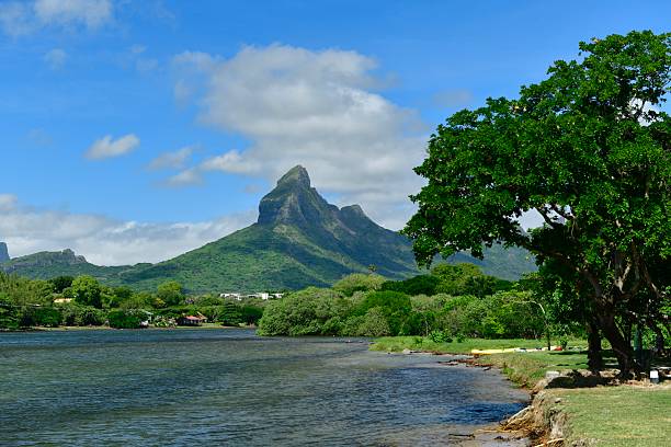 Where the Black river meets the sea with Piton de la Petite Riviere Noire, (Black River Peak), 828 meters.