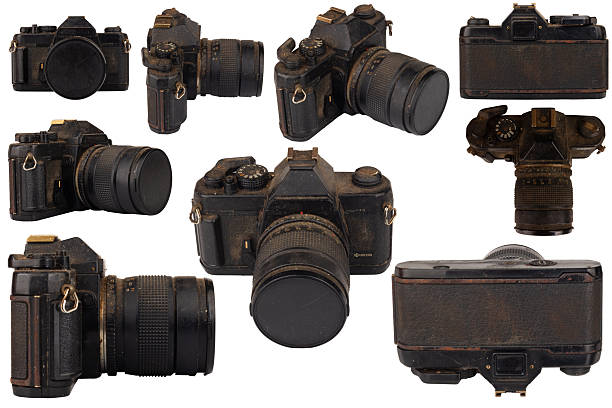Flat lay top view of parts and components of a disassembled vintage film camera
