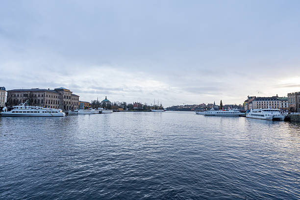 Wide waterfront view across central Stockholm, Sweden, showing calm harbor waters, historic city buildings, and passenger boats under a soft winter sky.