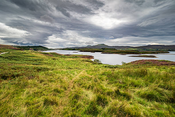 Scottish wilderness showcasing a tranquil loch and distant hills under a brooding sky