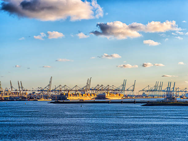 Rotterdam, the Netherlands. Rotterdam port terminal with container ship and numerous large cranes working under a blue sky