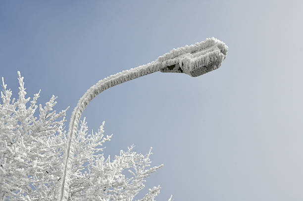 Eine Straßenlaterne ist bei windigem und kalten Wetter komplett mit Schneereif überzogen