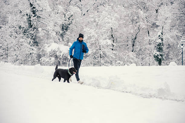 istock Man jogging with dog in deep winter snow 2254817249