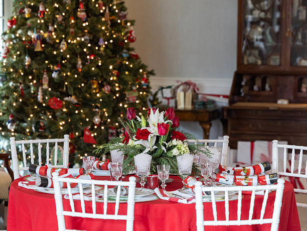 istock Round table with red tablecloth set for the Christmas holiday meak 2254819013